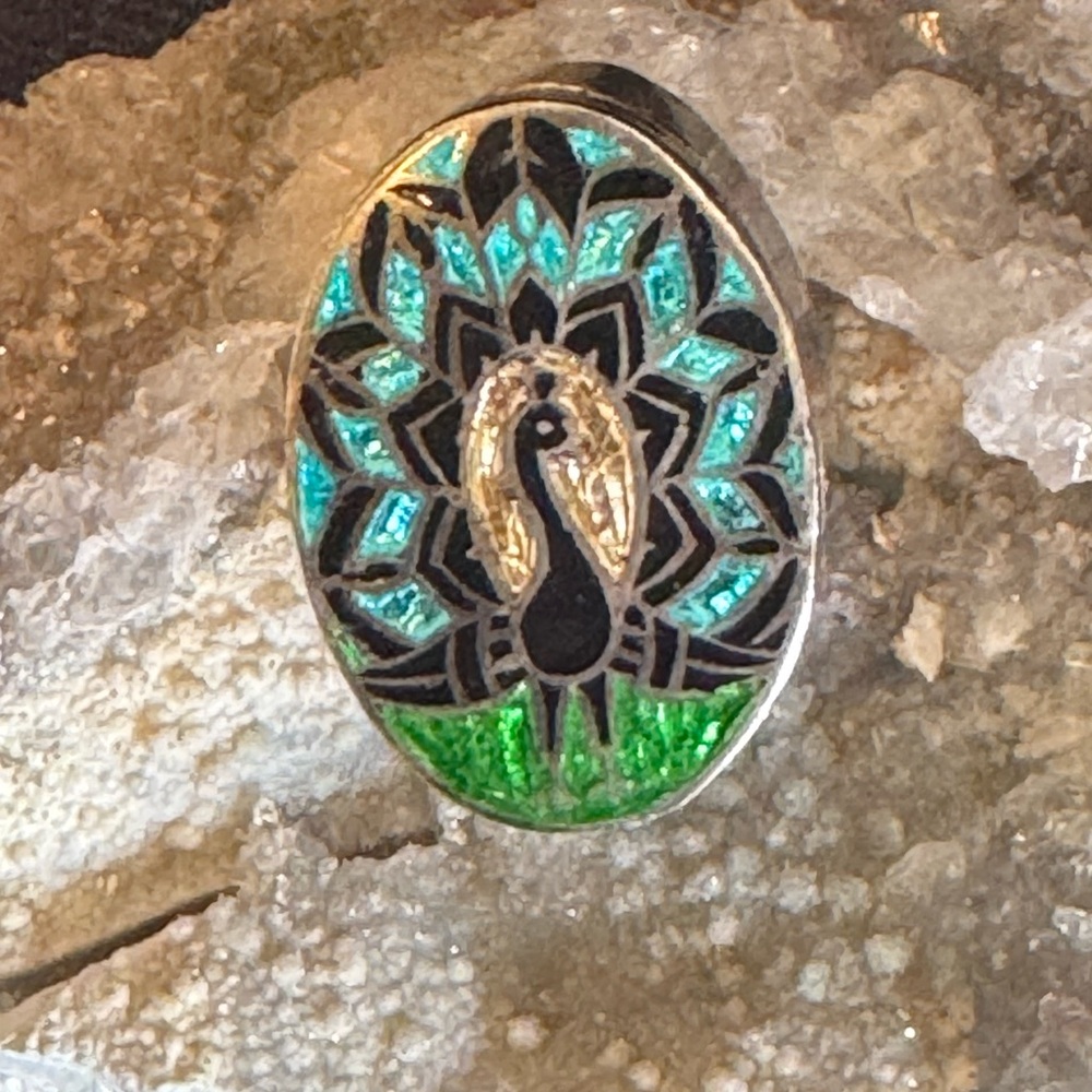 VTG small silver plate pill box w/enameled peacock design on lid